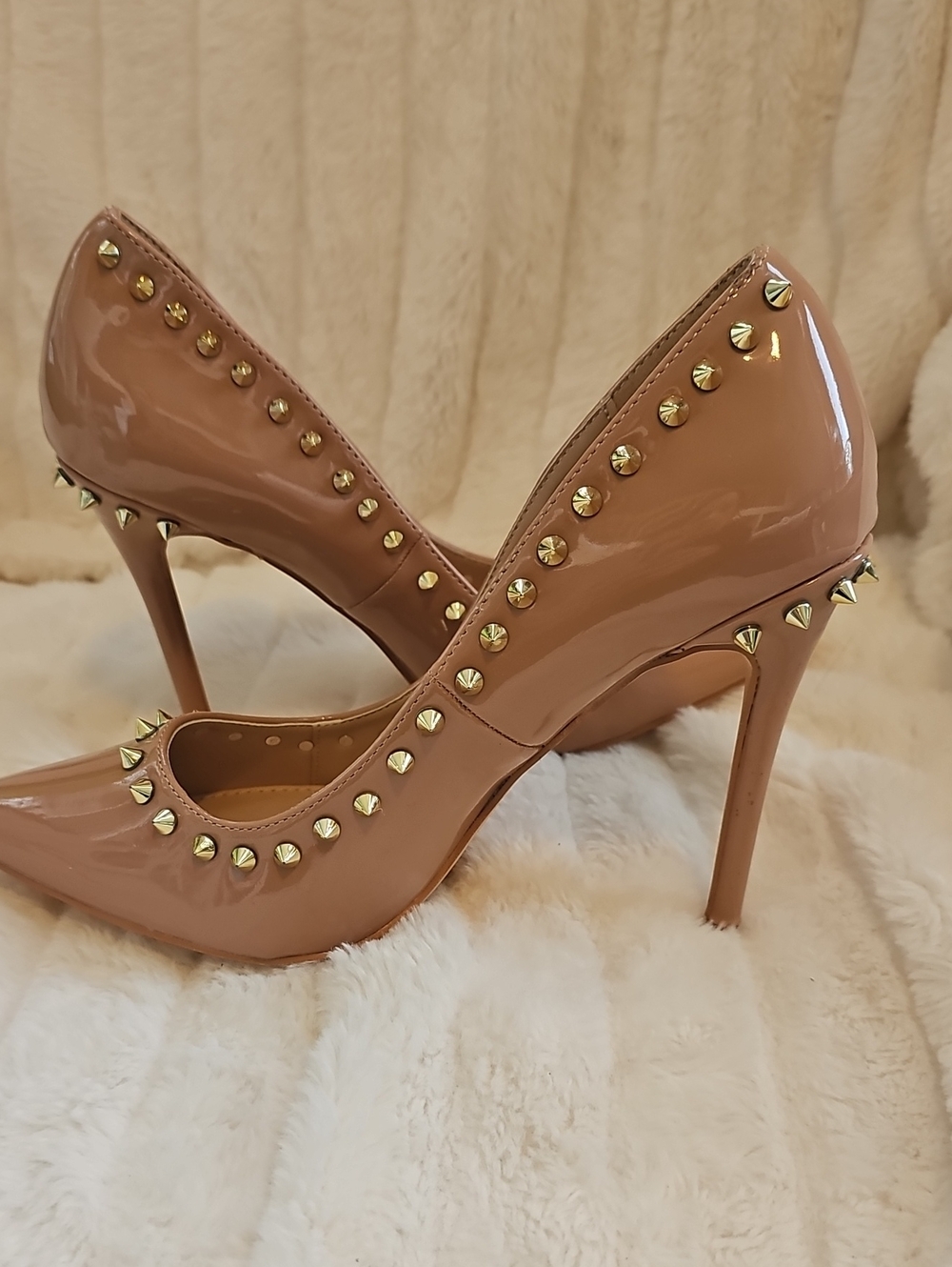 Patent Nude Studded Pointed-Toe Stiletto Pumps